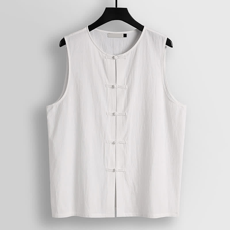 Nimara Ritual Retro Frog-Button Crew Neck Men's Cotton Linen Sleeveless Vest