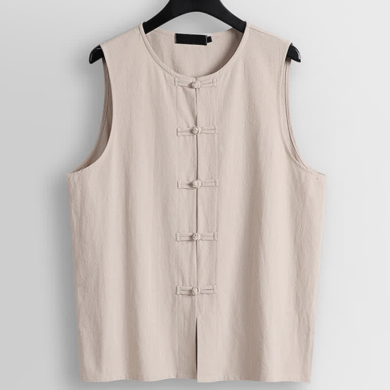 Nimara Ritual Retro Frog-Button Crew Neck Men's Cotton Linen Sleeveless Vest