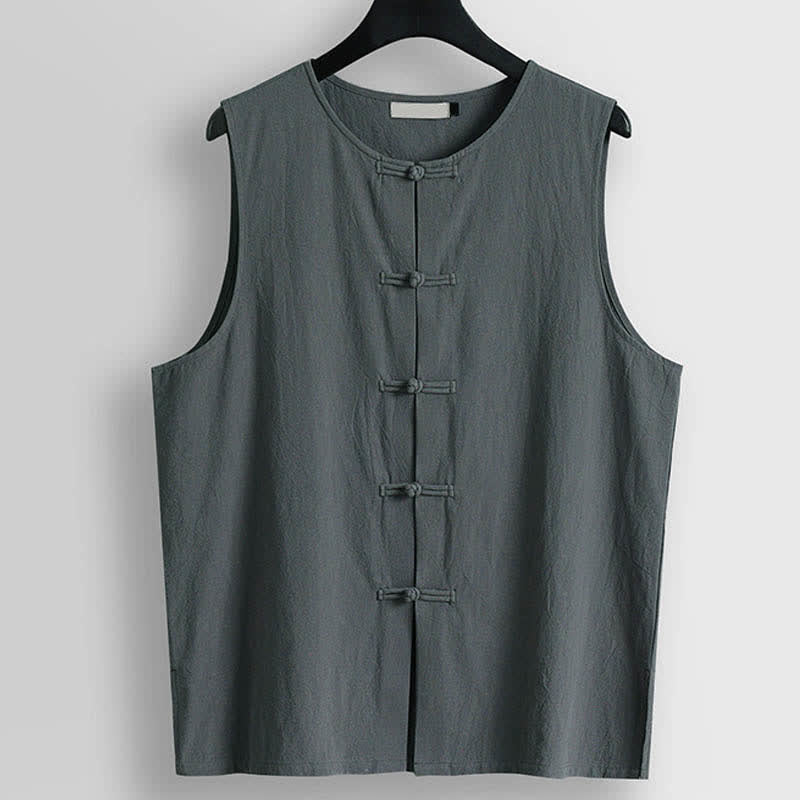 Nimara Ritual Retro Frog-Button Crew Neck Men's Cotton Linen Sleeveless Vest