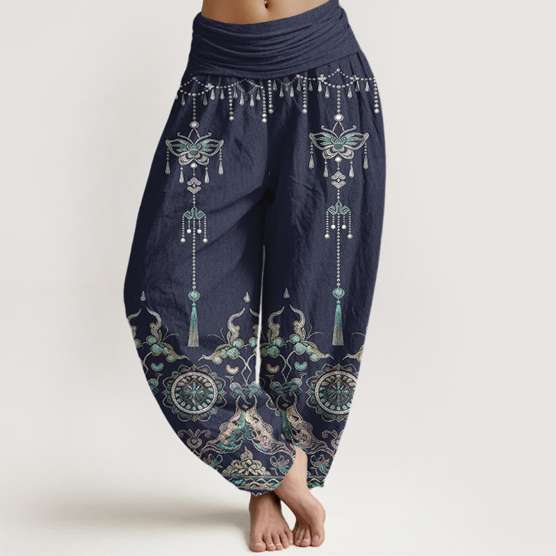 Nimara Ritual Cotton Classic Jewelry Butterfly Flower Tassel Pattern Women's Elastic Waist Harem Pants