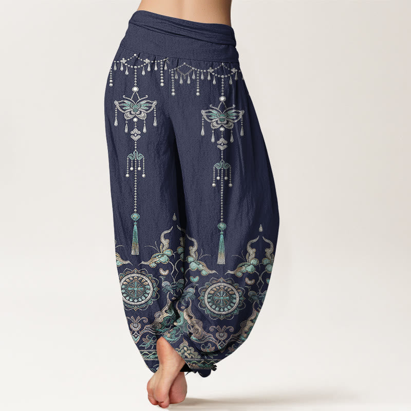 Nimara Ritual Cotton Classic Jewelry Butterfly Flower Tassel Pattern Women's Elastic Waist Harem Pants