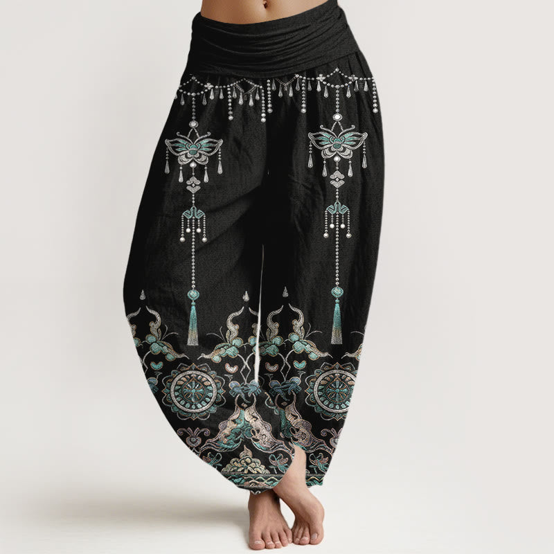 Nimara Ritual Cotton Classic Jewelry Butterfly Flower Tassel Pattern Women's Elastic Waist Harem Pants