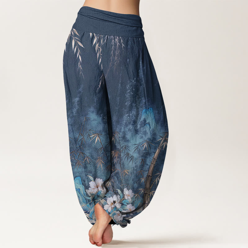 Nimara Ritual Cotton Natural Landscape Bamboo Flowers Pattern Women's Elastic Waist Harem Pants