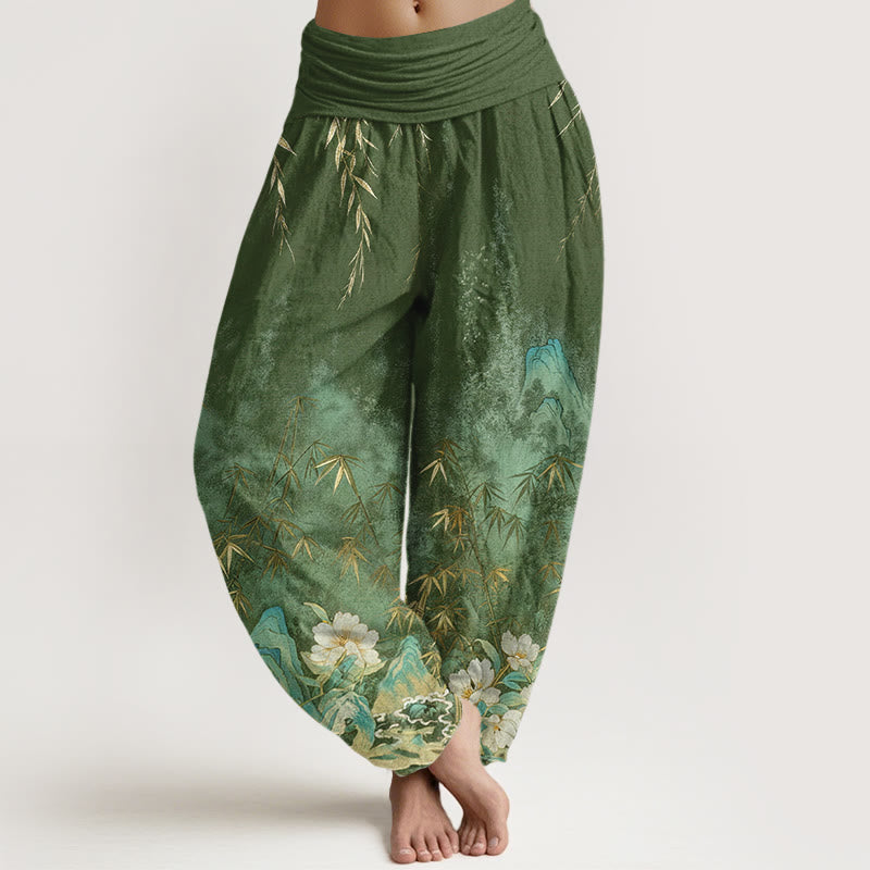 Nimara Ritual Cotton Natural Landscape Bamboo Flowers Pattern Women's Elastic Waist Harem Pants