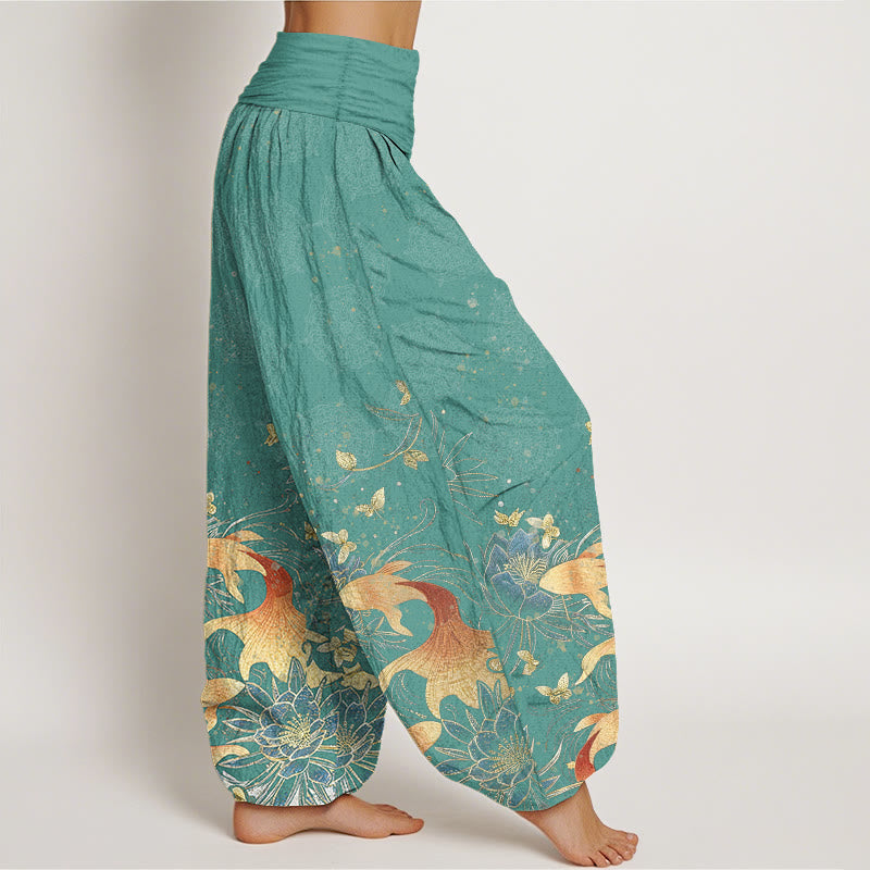Nimara Ritual Cotton Butterfly Koi Fish Lotus Pattern Women's Elastic Waist Harem Pants