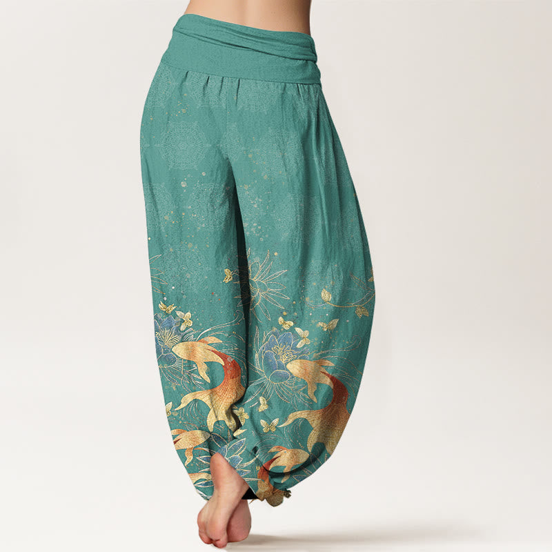 Nimara Ritual Cotton Butterfly Koi Fish Lotus Pattern Women's Elastic Waist Harem Pants
