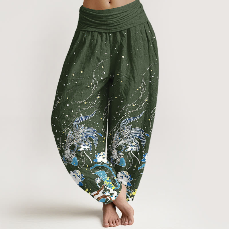 Nimara Ritual Cotton Starry Sky Koi Fish Lotus Waves Pattern Women's Elastic Waist Harem Pants