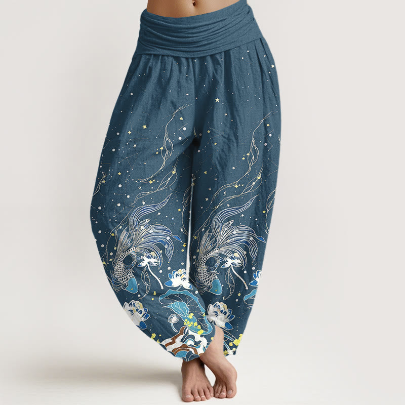 Nimara Ritual Cotton Starry Sky Koi Fish Lotus Waves Pattern Women's Elastic Waist Harem Pants