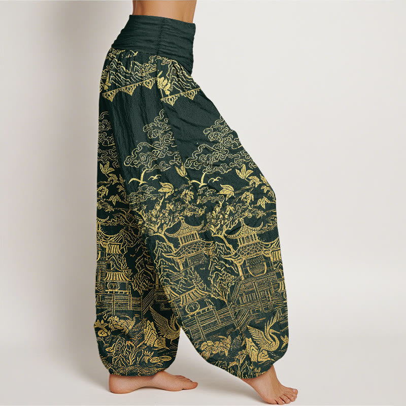 Nimara Ritual Cotton Classical Architecture Landscape Animal Auspicious Clouds Pattern Women's Elastic Waist Harem Pants