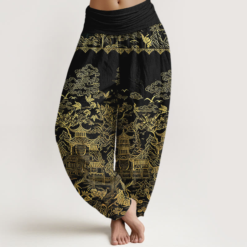 Nimara Ritual Cotton Classical Architecture Landscape Animal Auspicious Clouds Pattern Women's Elastic Waist Harem Pants