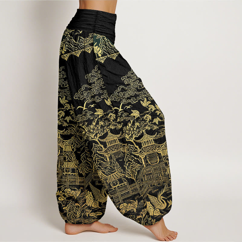 Nimara Ritual Cotton Classical Architecture Landscape Animal Auspicious Clouds Pattern Women's Elastic Waist Harem Pants
