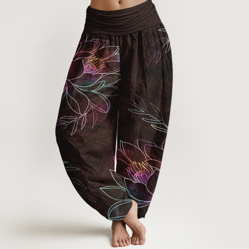 Nimara Ritual Cotton Neon Lotus Branches Pattern Women's Elastic Waist Harem Pants
