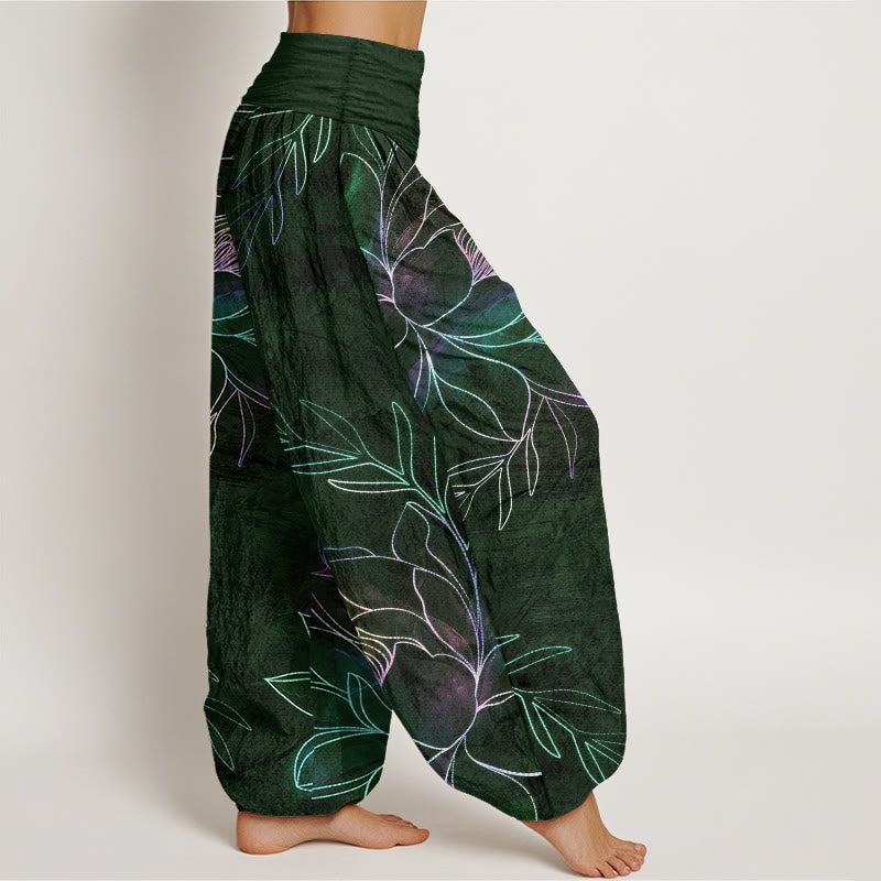 Nimara Ritual Cotton Neon Lotus Branches Pattern Women's Elastic Waist Harem Pants