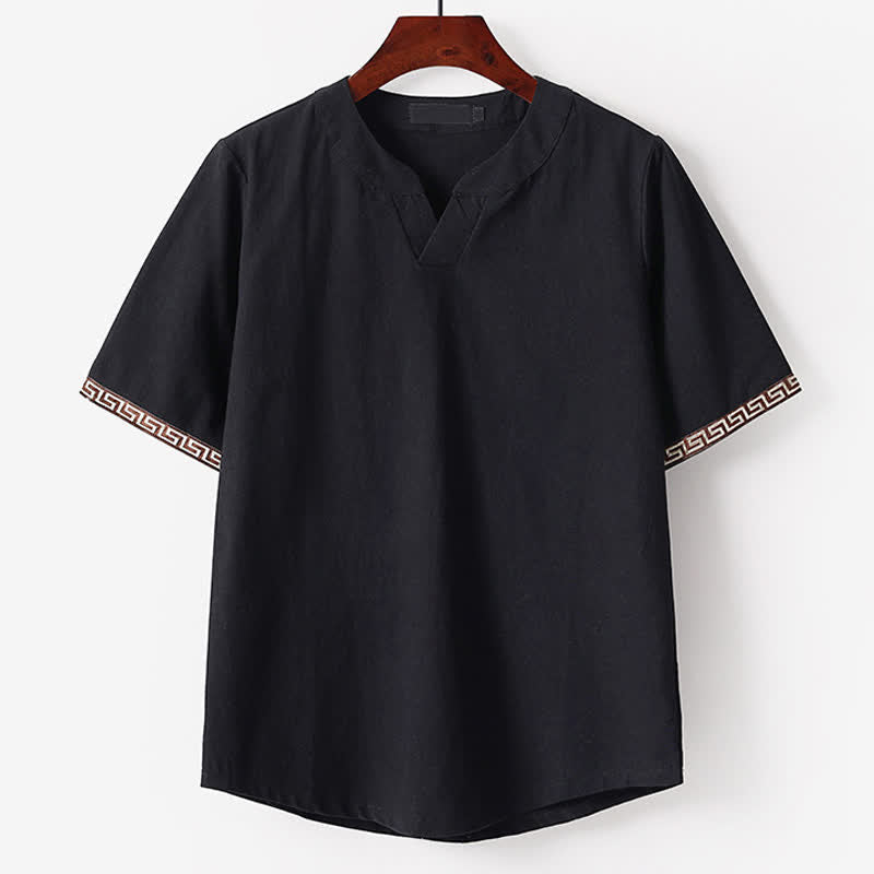 Nimara Ritual Summer Embroidered Short Sleeve Notched Collar Men's Cotton Linen T-Shirt