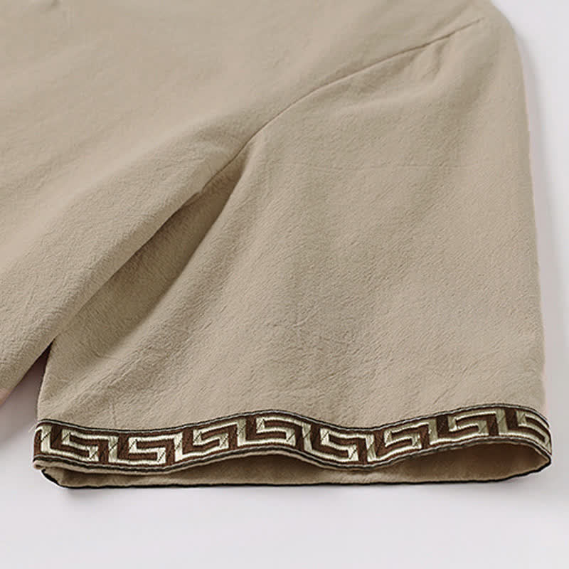 Nimara Ritual Summer Embroidered Short Sleeve Notched Collar Men's Cotton Linen T-Shirt