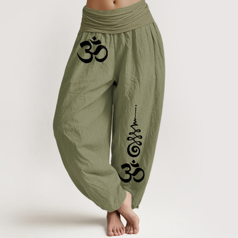 Nimara Ritual Cotton Calm OM Energy Lines Pattern Women's Elastic Waist Harem Pants