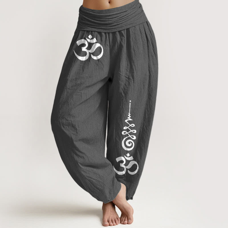 Nimara Ritual Cotton Calm OM Energy Lines Pattern Women's Elastic Waist Harem Pants