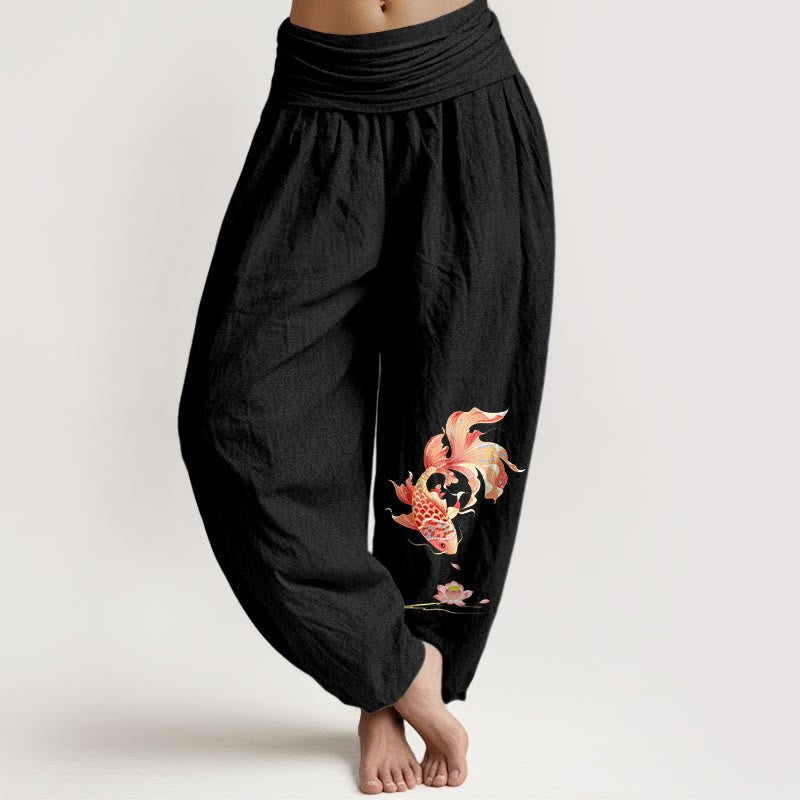 Nimara Ritual Cotton Luck Koi Fish Lotus Pattern Women's Elastic Waist Harem Pants