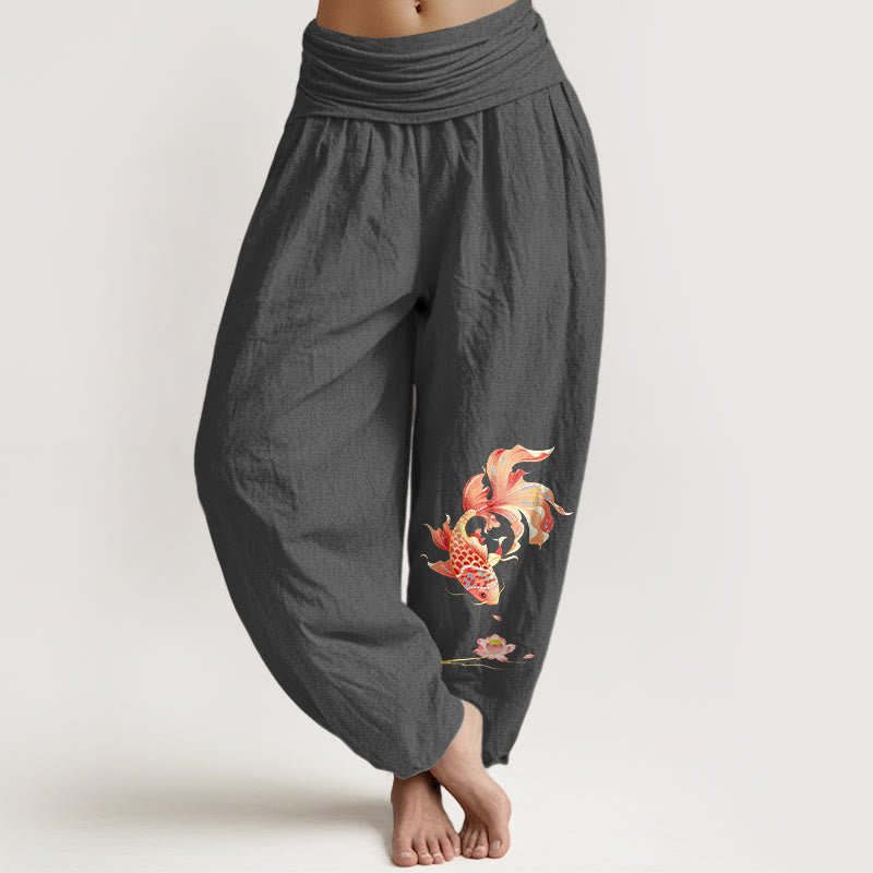 Nimara Ritual Cotton Luck Koi Fish Lotus Pattern Women's Elastic Waist Harem Pants