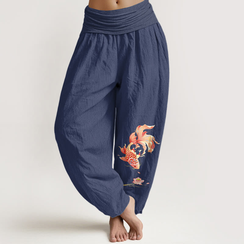 Nimara Ritual Cotton Luck Koi Fish Lotus Pattern Women's Elastic Waist Harem Pants