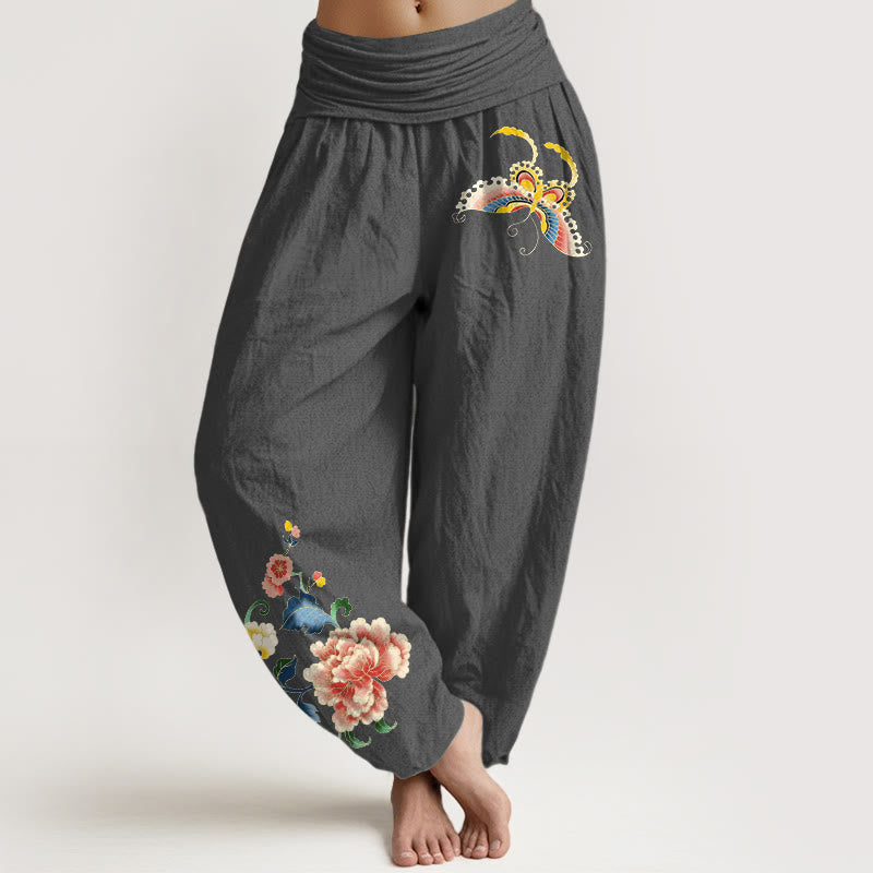Nimara Ritual Cotton Auspicious Peony Flower Butterfly Pattern Women's Elastic Waist Harem Pants