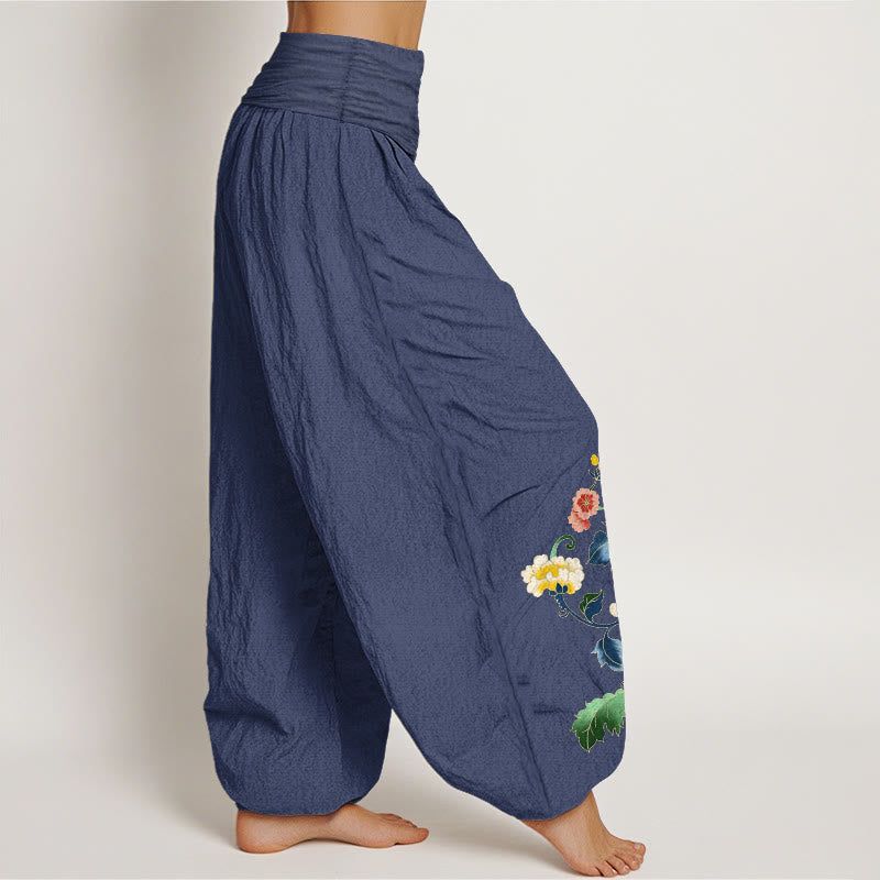 Nimara Ritual Cotton Auspicious Peony Flower Butterfly Pattern Women's Elastic Waist Harem Pants