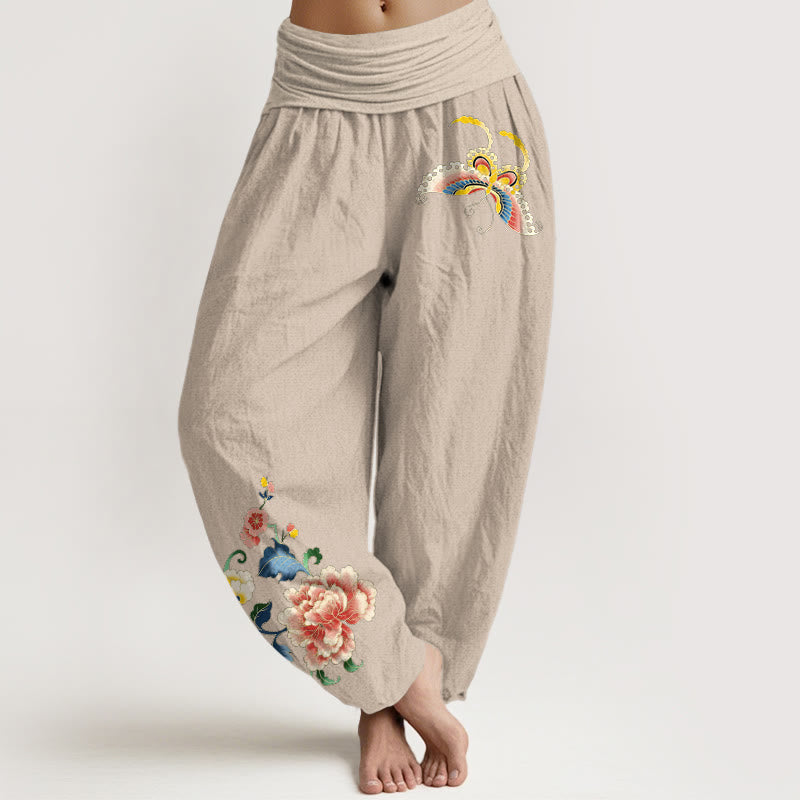 Nimara Ritual Cotton Auspicious Peony Flower Butterfly Pattern Women's Elastic Waist Harem Pants