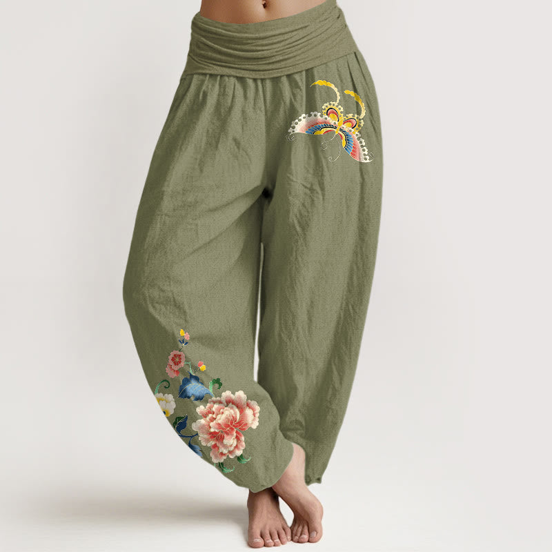 Nimara Ritual Cotton Auspicious Peony Flower Butterfly Pattern Women's Elastic Waist Harem Pants
