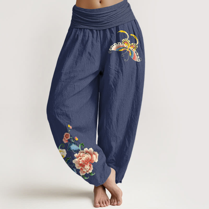 Nimara Ritual Cotton Auspicious Peony Flower Butterfly Pattern Women's Elastic Waist Harem Pants