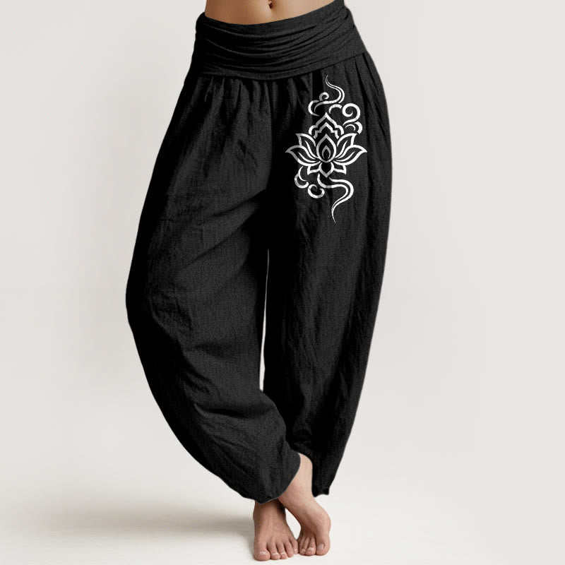 Nimara Ritual Cotton Simple Lotus Pattern Women's Elastic Waist Harem Pants