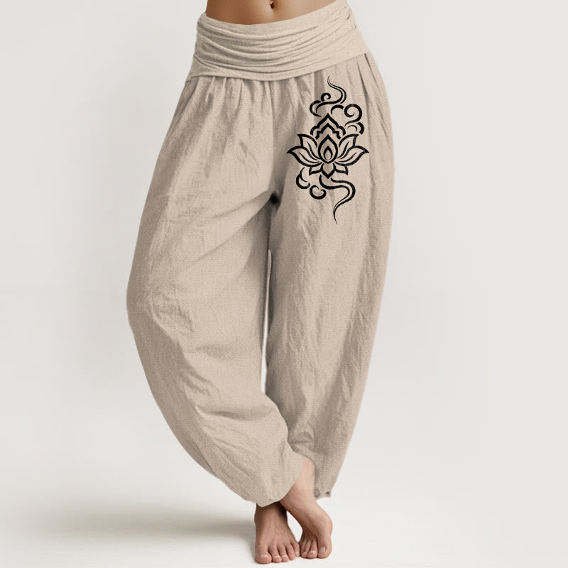 Nimara Ritual Cotton Simple Lotus Pattern Women's Elastic Waist Harem Pants