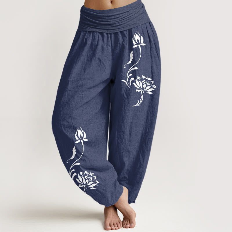 Nimara Ritual Cotton Stable Lotus Petals Pattern Women's Elastic Waist Harem Pants