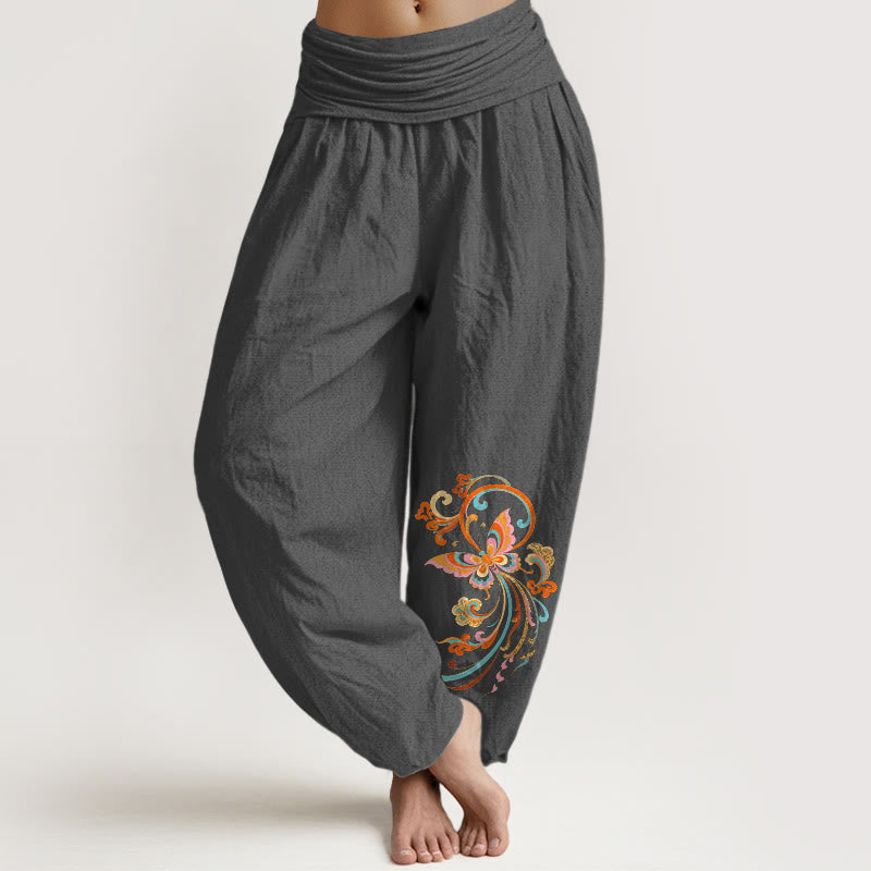 Nimara Ritual Cotton Free Butterfly Auspicious Cloud Pattern Women's Elastic Waist Harem Pants