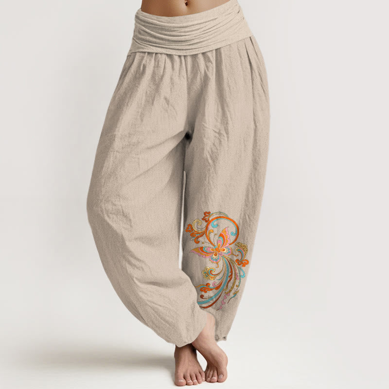 Nimara Ritual Cotton Free Butterfly Auspicious Cloud Pattern Women's Elastic Waist Harem Pants