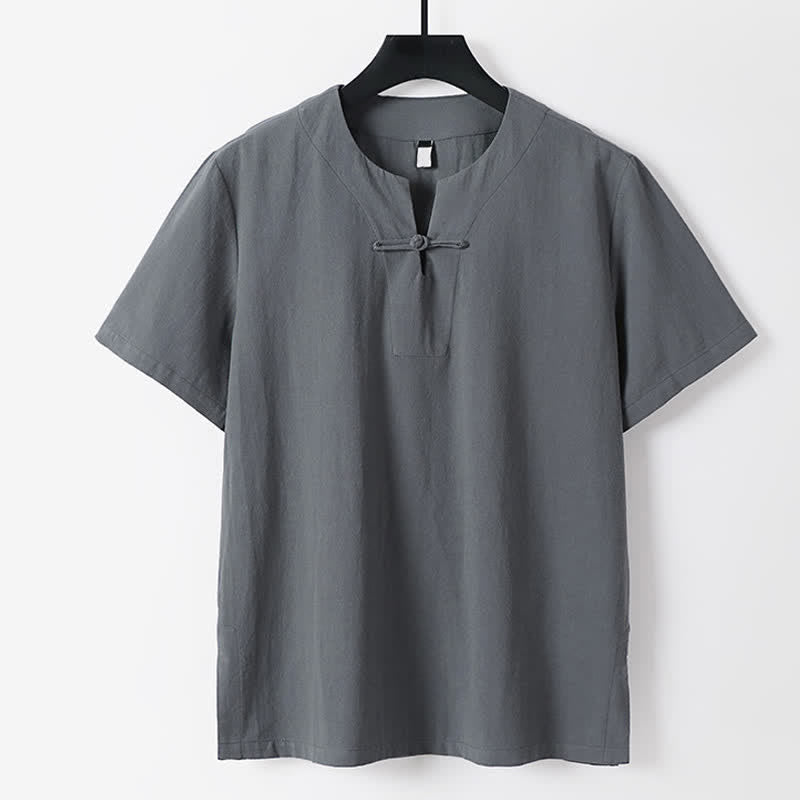 Nimara Ritual Solid Color Frog-Button Short Sleeve Notched Collar Men's Cotton Linen T-Shirt