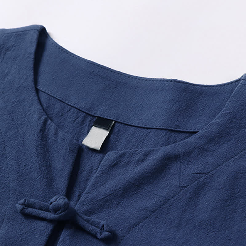 Nimara Ritual Solid Color Frog-Button Short Sleeve Notched Collar Men's Cotton Linen T-Shirt