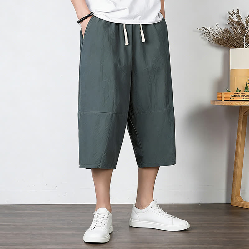 Nimara Ritual Plain Drawstring Capri Length Men's Cotton Linen Harem Pants With Pockets
