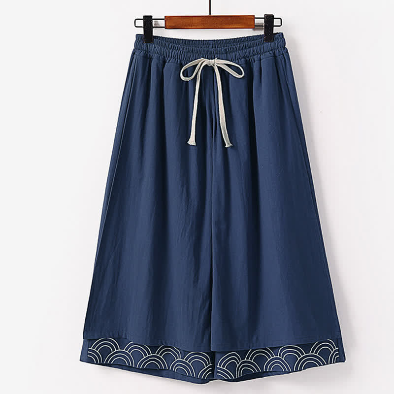 Nimara Ritual Summer Embroidery Capri Length Cotton Linen Men's Wide Leg Pants With Pockets