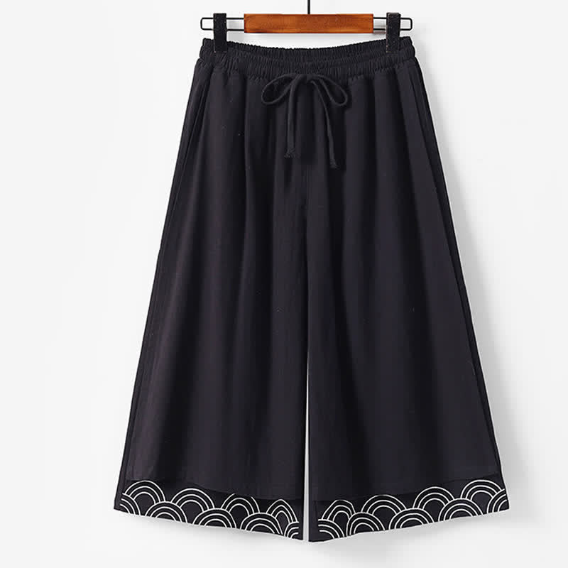Nimara Ritual Summer Embroidery Capri Length Cotton Linen Men's Wide Leg Pants With Pockets