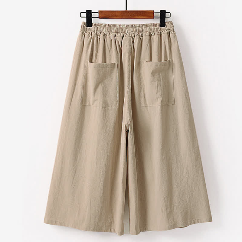 Nimara Ritual Summer Embroidery Capri Length Cotton Linen Men's Wide Leg Pants With Pockets