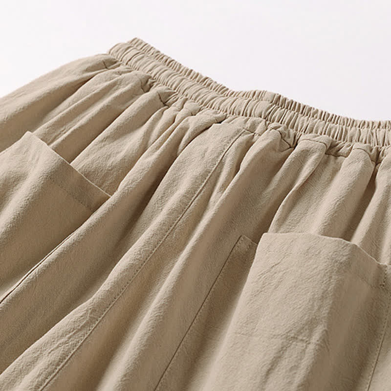 Nimara Ritual Summer Embroidery Capri Length Cotton Linen Men's Wide Leg Pants With Pockets