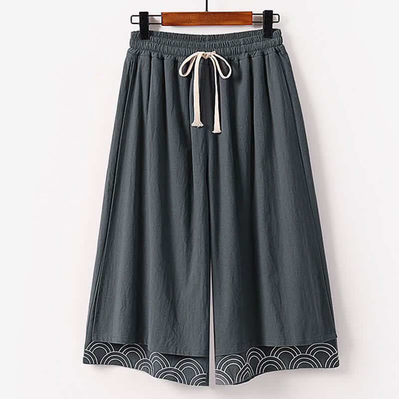 Nimara Ritual Summer Embroidery Capri Length Cotton Linen Men's Wide Leg Pants With Pockets