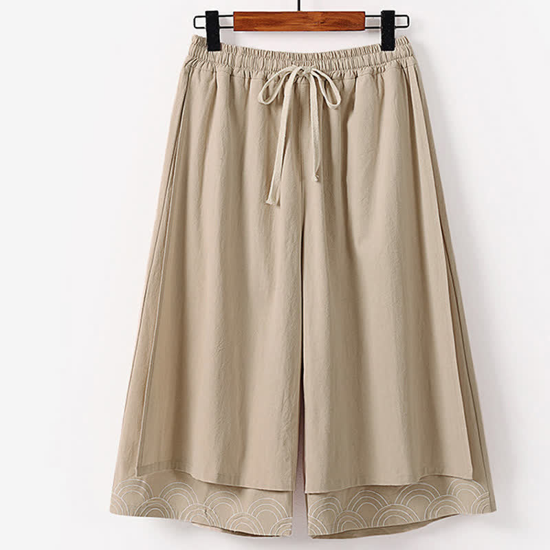 Nimara Ritual Summer Embroidery Capri Length Cotton Linen Men's Wide Leg Pants With Pockets