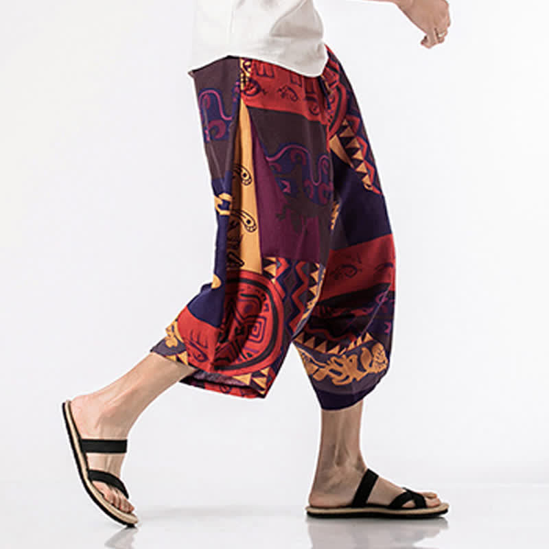 Nimara Ritual Ethnic Printing Floral Geometric Pattern Men's Harem 7-8 Length Pants With Pockets