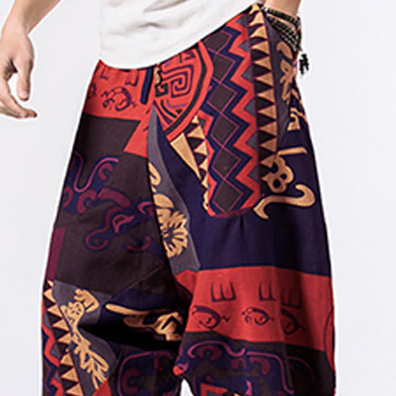 Nimara Ritual Ethnic Printing Floral Geometric Pattern Men's Harem 7-8 Length Pants With Pockets