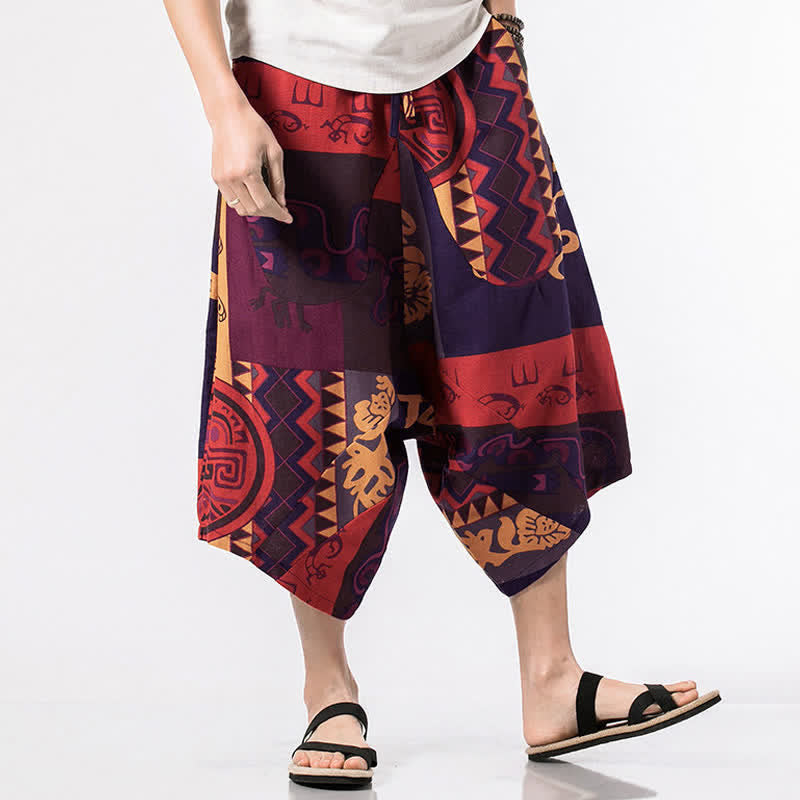 Nimara Ritual Ethnic Printing Floral Geometric Pattern Men's Harem 7-8 Length Pants With Pockets