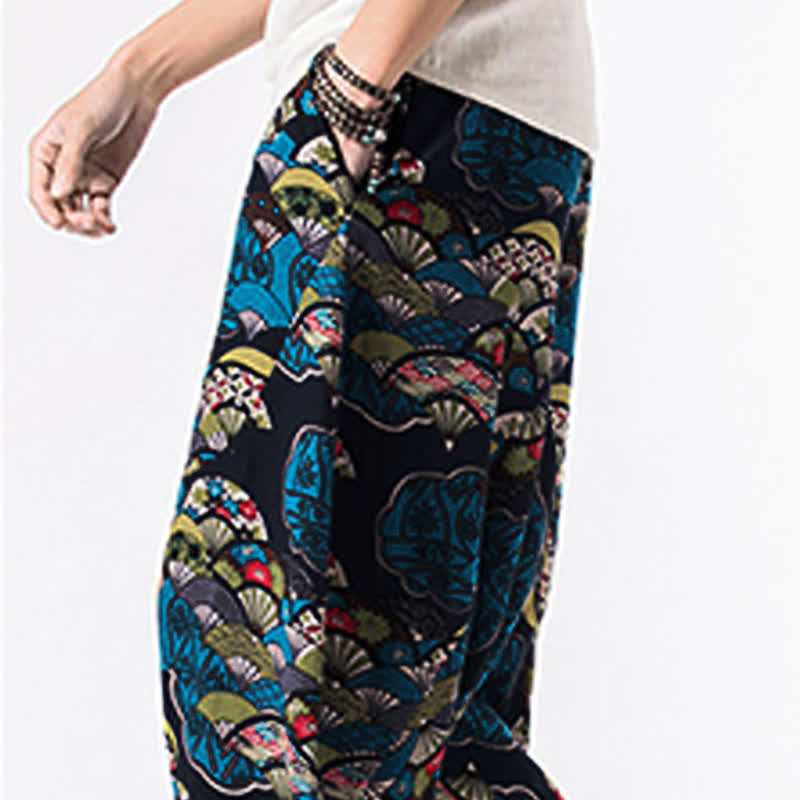 Nimara Ritual Ethnic Printing Floral Geometric Pattern Men's Harem 7-8 Length Pants With Pockets