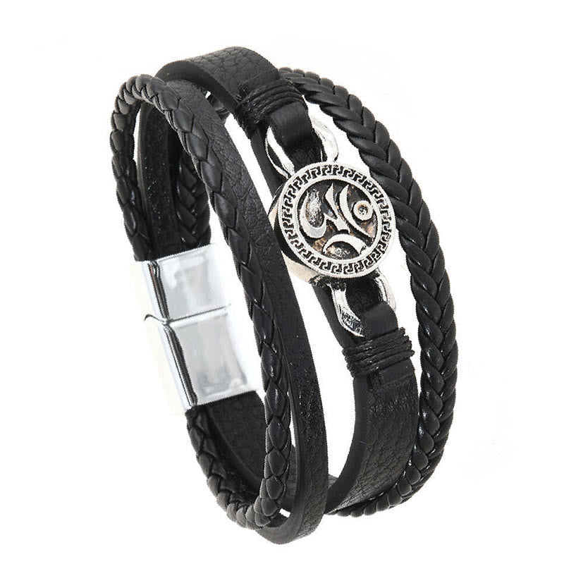 Nimara Ritual Om Round Engraved Multilayered Braided Retro Leather Bracelet