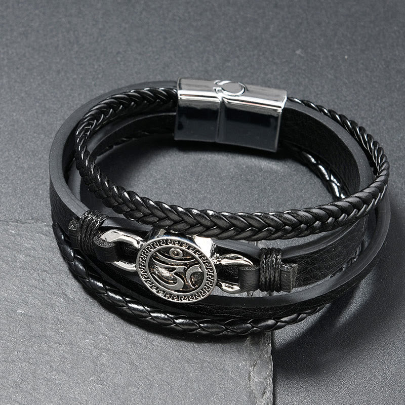 Nimara Ritual Om Round Engraved Multilayered Braided Retro Leather Bracelet