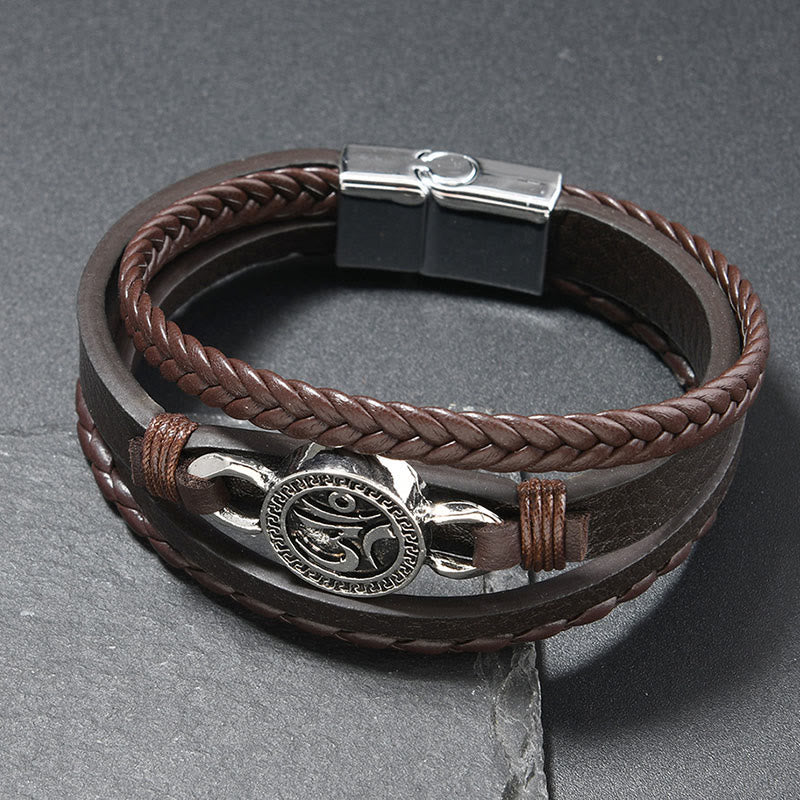 Nimara Ritual Om Round Engraved Multilayered Braided Retro Leather Bracelet
